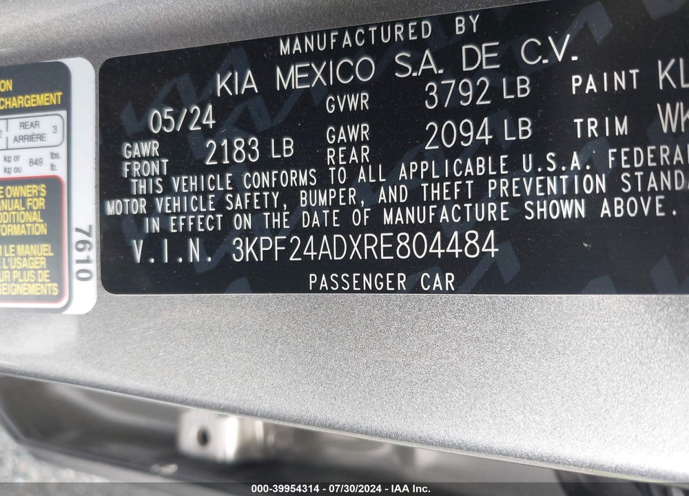 2024 KIA FORTE LXS VIN: 3KPF24ADXRE804484
