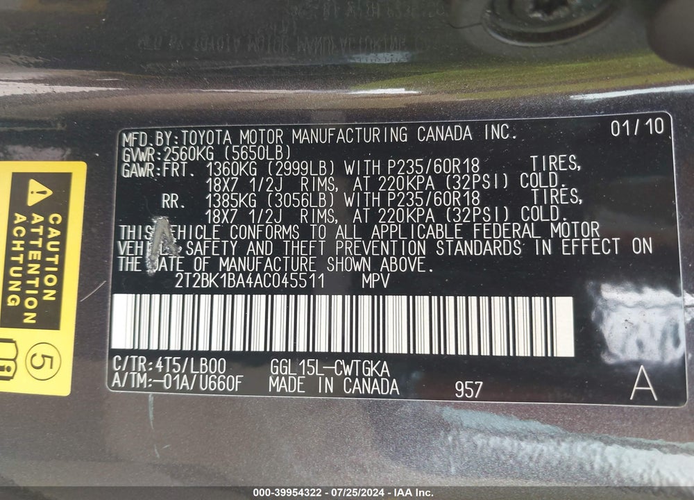 2010 LEXUS RX 350 VIN: 2T2BK1BA4AC045511