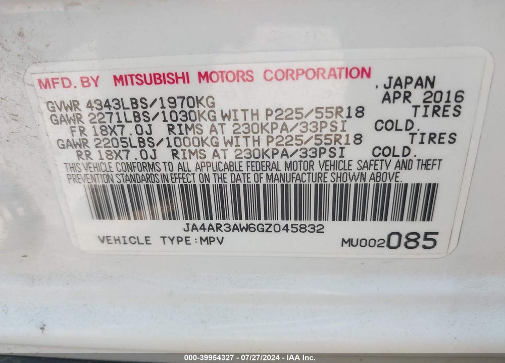 2016 MITSUBISHI OUTLANDER SPORT 2.4 SE VIN: JA4AR3AW6GZ045832
