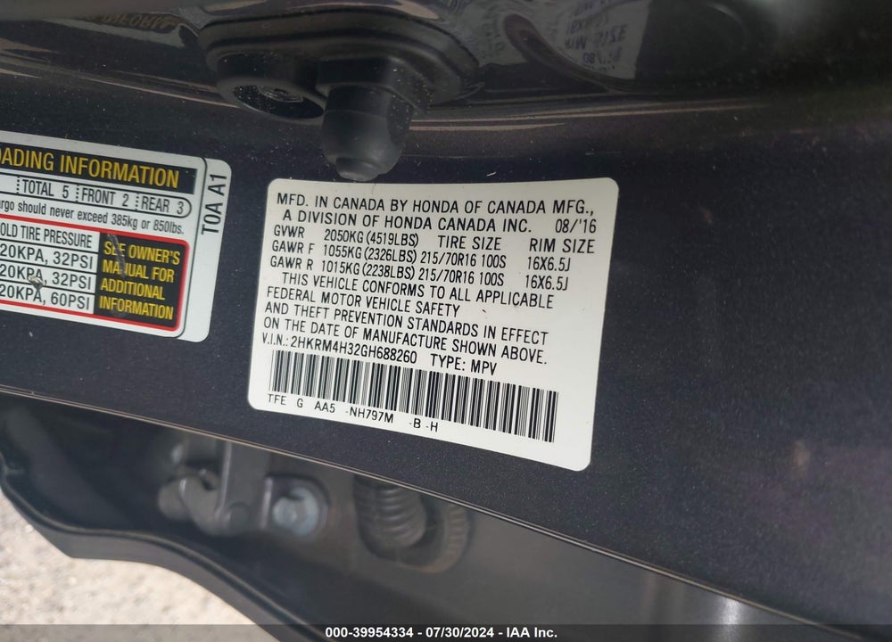 2016 HONDA CR-V LX VIN: 2HKRM4H32GH688260