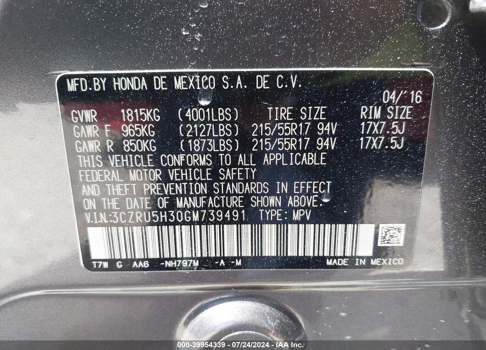 2016 HONDA HR-V LX VIN: 3CZRU5H30GM739491
