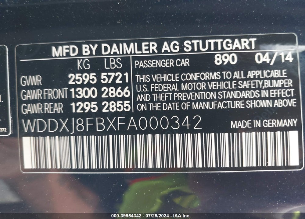 2015 MERCEDES-BENZ S 550 4MATIC VIN: WDDXJ8FBXFA000342