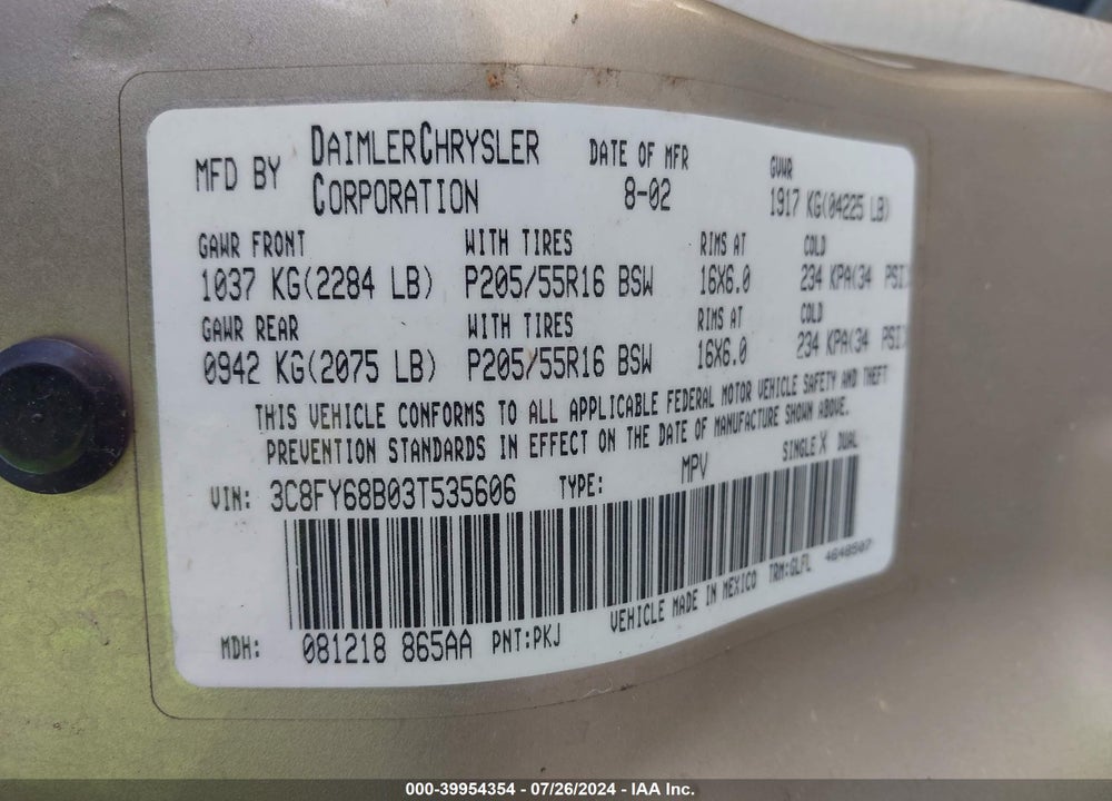 2003 CHRYSLER PT CRUISER LIMITED VIN: 3C8FY68B03T535606