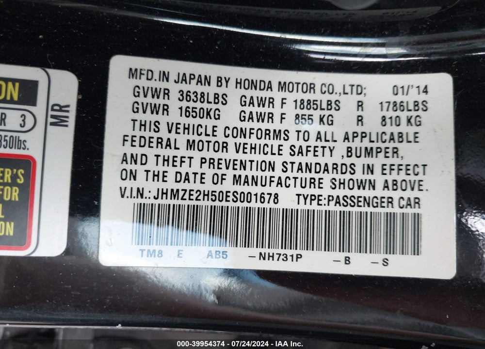 2014 HONDA INSIGHT LX VIN: JHMZE2H50ES001678