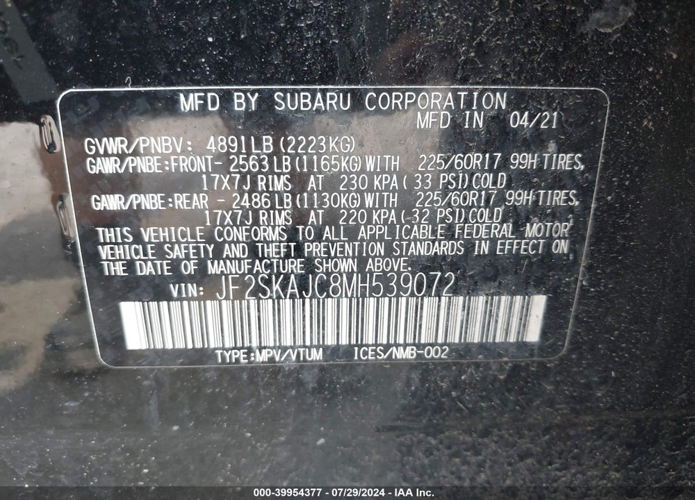 2021 SUBARU FORESTER PREMIUM VIN: JF2SKAJC8MH539072