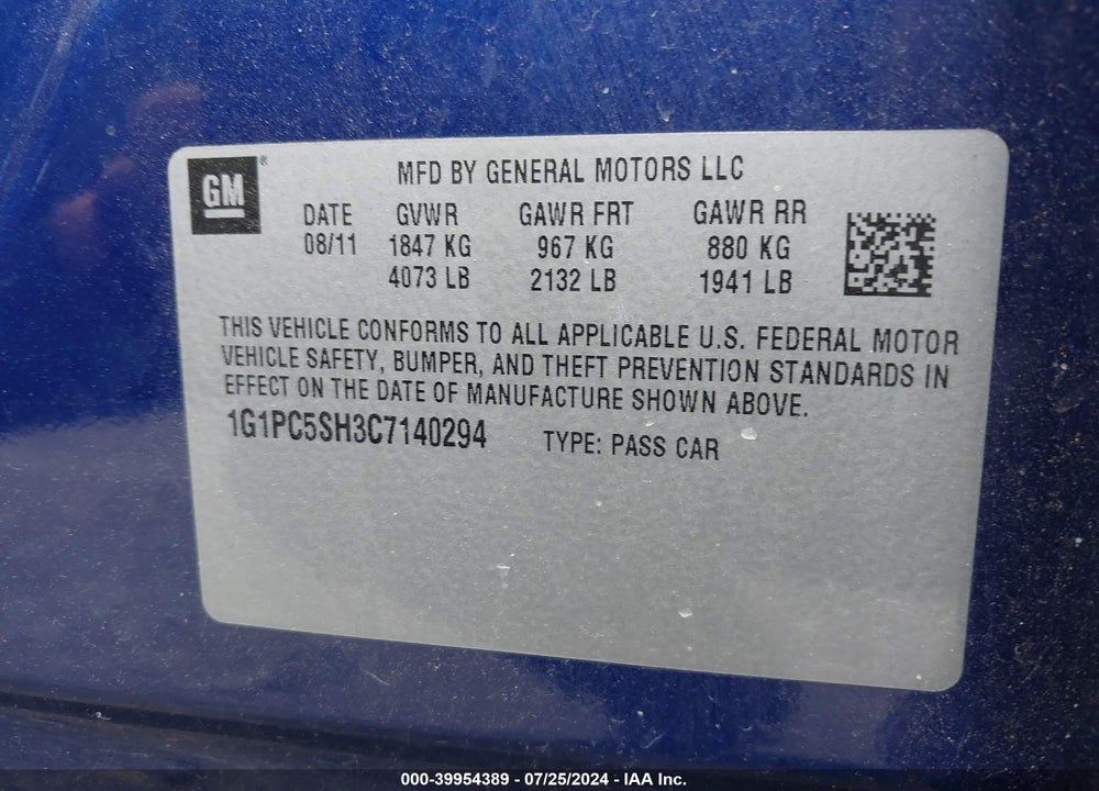 2012 CHEVROLET CRUZE LS VIN: 1G1PC5SH3C7140294