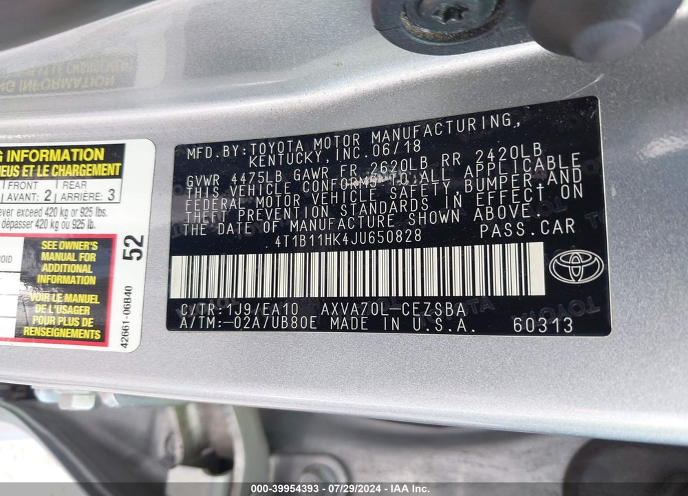 2018 TOYOTA CAMRY SE VIN: 4T1B11HK4JU650828