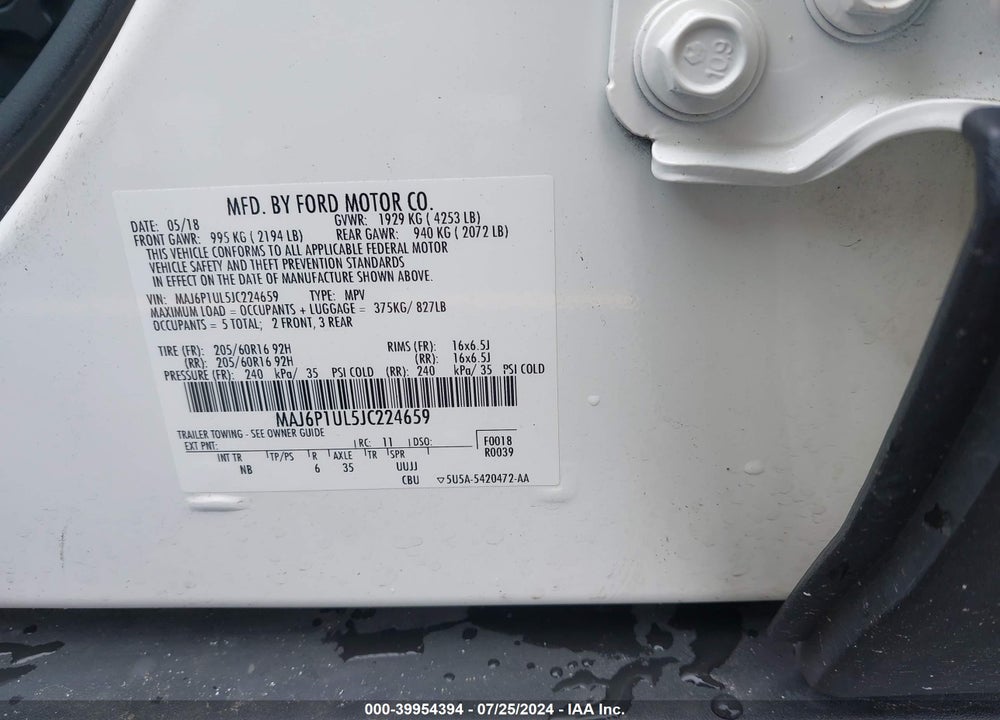 2018 FORD ECOSPORT SE VIN: MAJ6P1UL5JC224659