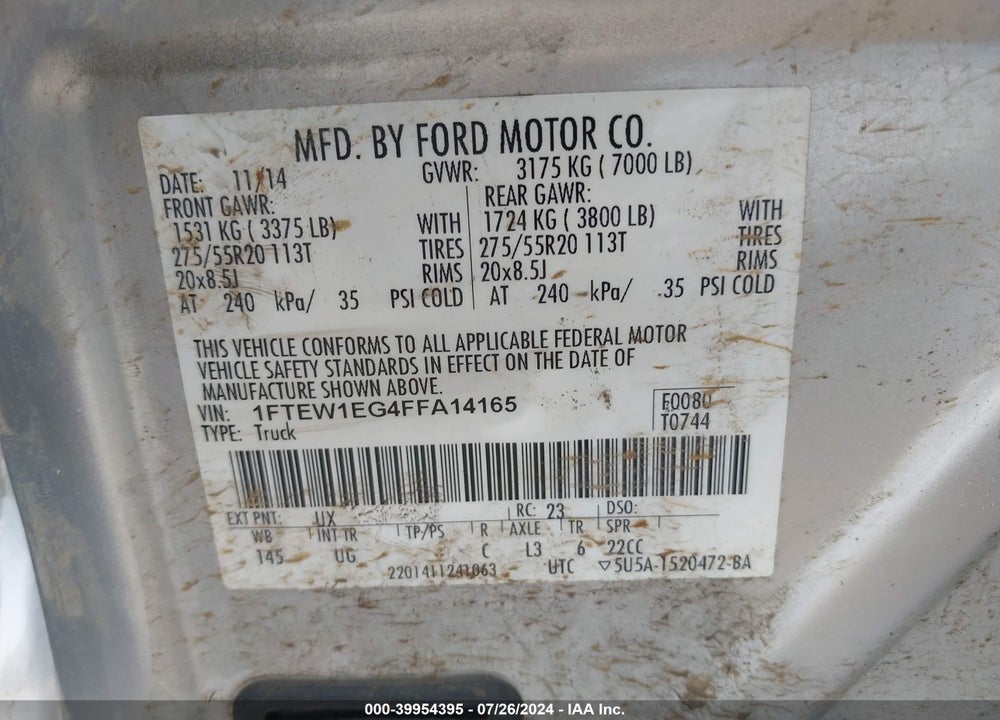 2015 FORD F-150 XLT VIN: 1FTEW1EG4FFA14165