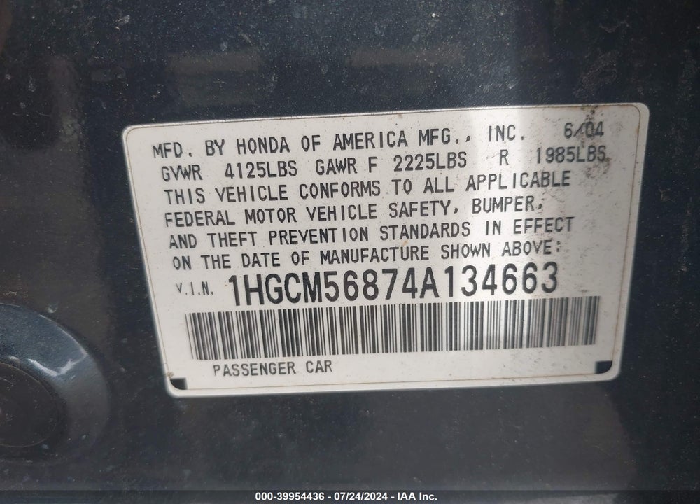 2004 HONDA ACCORD VIN: 1HGCM56874A134663