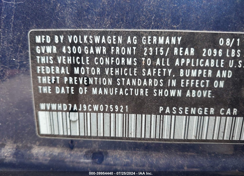 2012 VOLKSWAGEN GTI 4-DOOR VIN: WVWHD7AJ9CW075921
