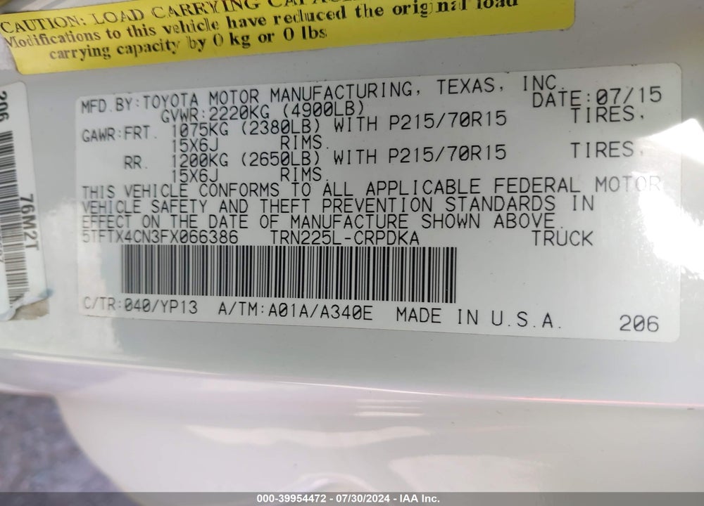 2015 TOYOTA TACOMA VIN: 5TFTX4CN3FX066386