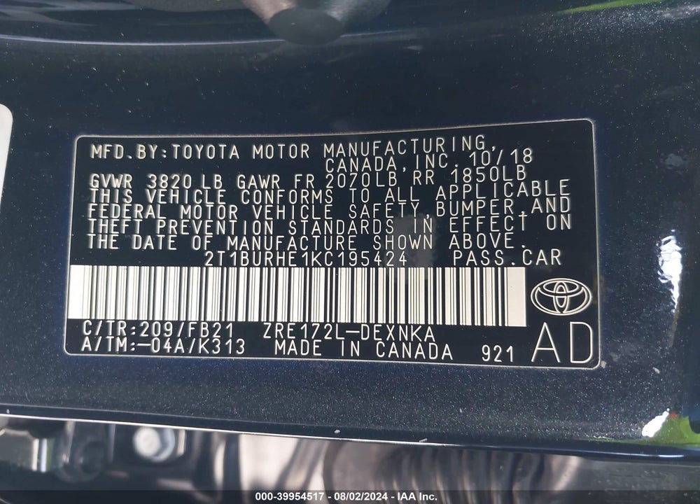 2019 TOYOTA COROLLA LE VIN: 2T1BURHE1KC195424