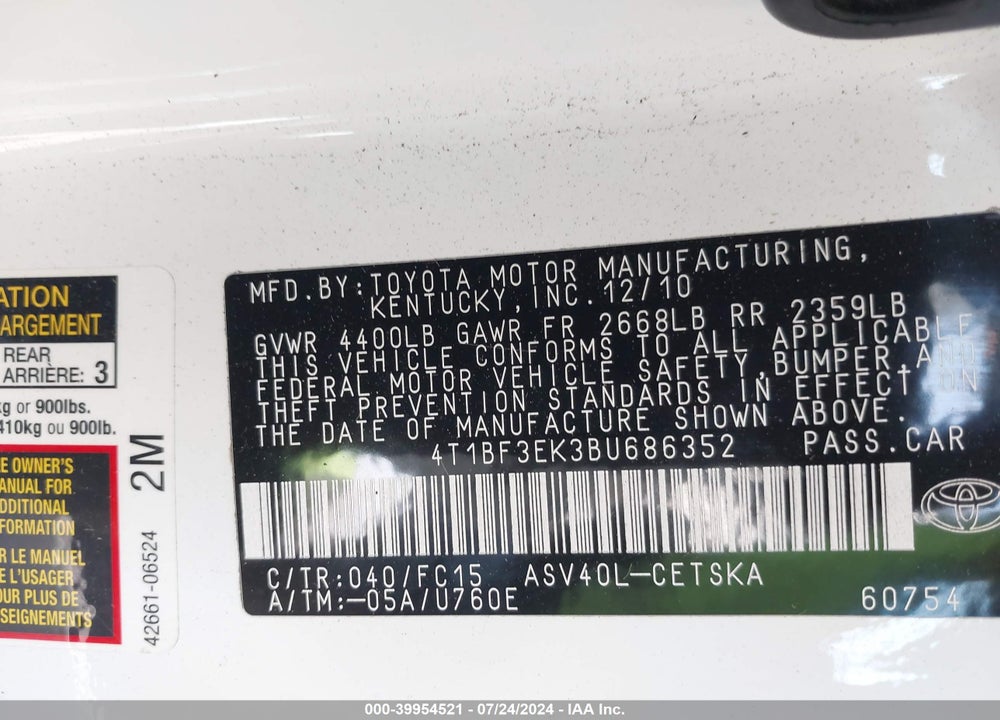 2011 TOYOTA CAMRY LE/SE/XLE VIN: 4T1BF3EK3BU686352