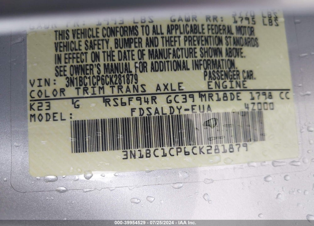 2012 NISSAN VERSA VIN: 3N1BC1CP6CK281879
