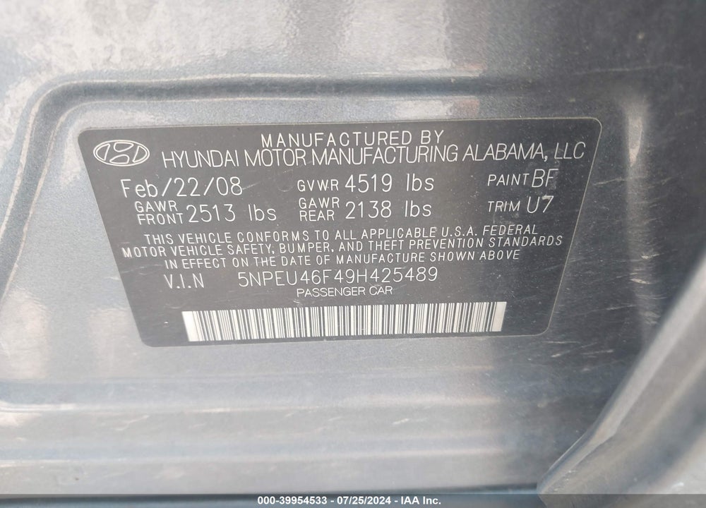 2009 HYUNDAI SONATA LIMITED V6 VIN: 5NPEU46F49H425489