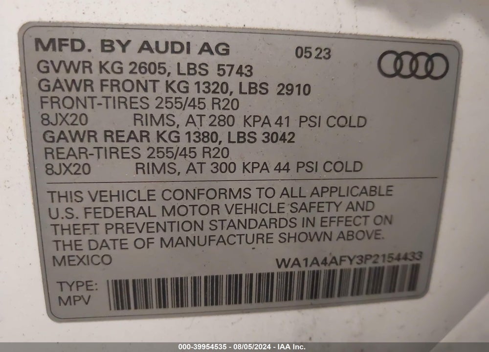 2023 AUDI SQ5 PREMIUM TFSI QUATTRO TIPTRONIC VIN: WA1A4AFY3P2154433