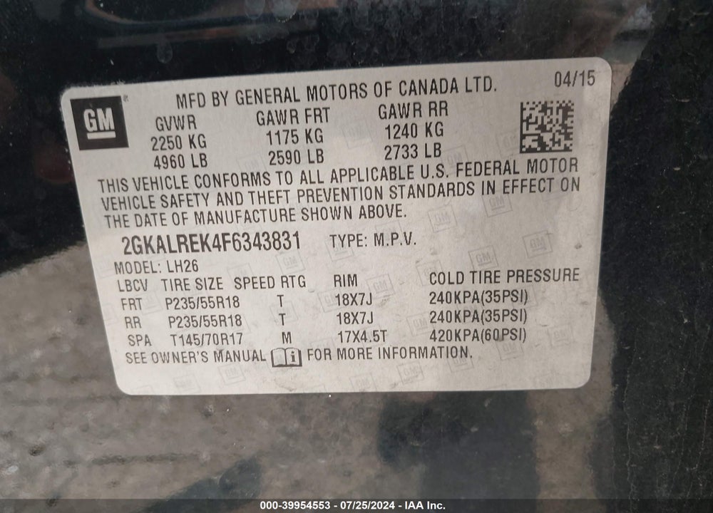 2015 GMC TERRAIN SLE-2 VIN: 2GKALREK4F6343831