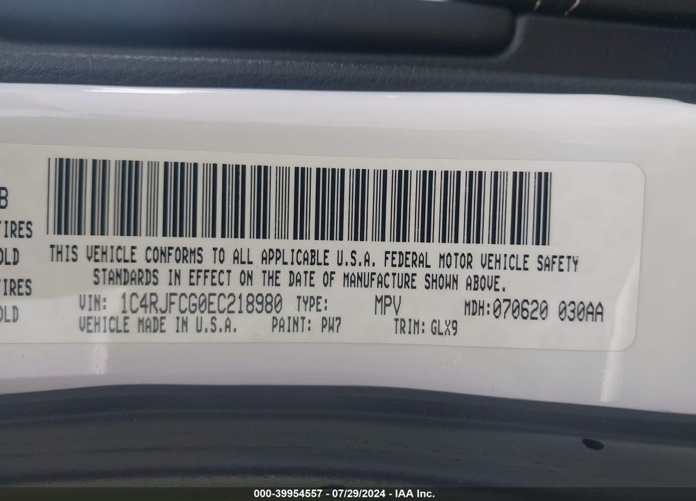 2014 JEEP GRAND CHEROKEE VIN: 1C4RJFCG0EC218980
