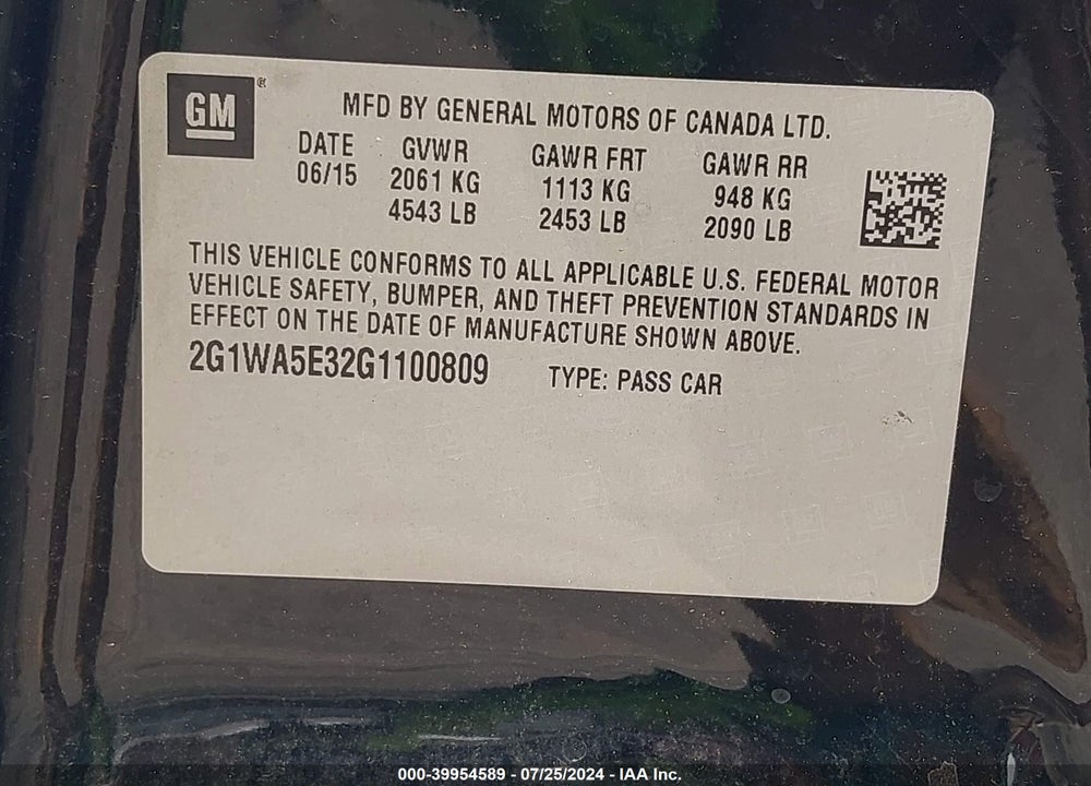2016 CHEVROLET IMPALA LIMITED LS VIN: 2G1WA5E32G1100809