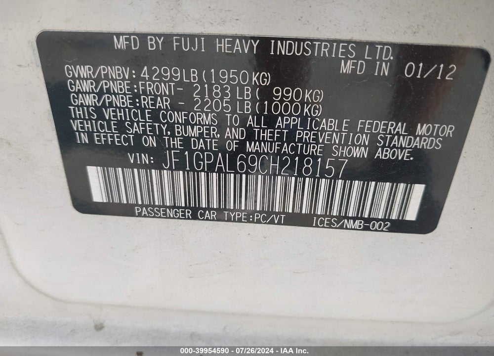 2012 SUBARU IMPREZA VIN: JF1GPAL69CH218157