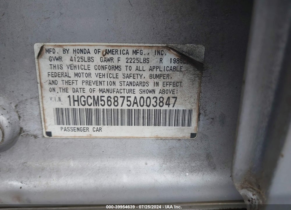 2005 HONDA ACCORD VIN: 1HGCM56875A003847