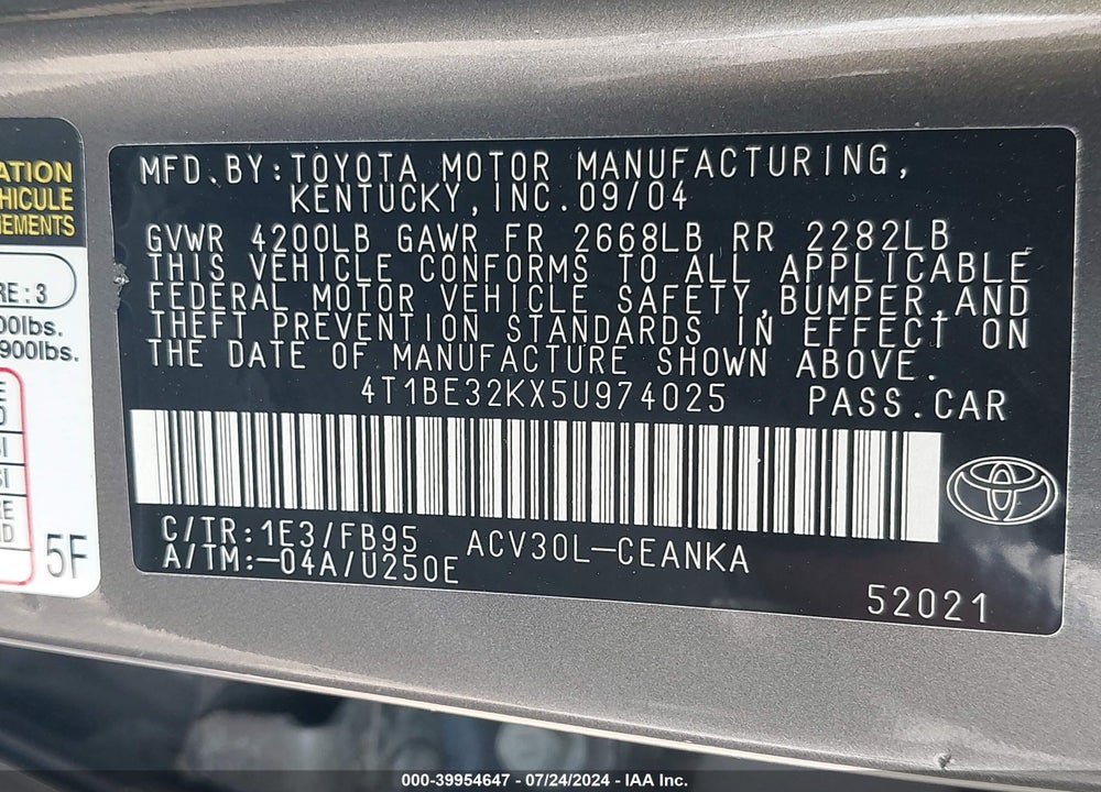 2005 TOYOTA CAMRY LE VIN: 4T1BE32KX5U974025