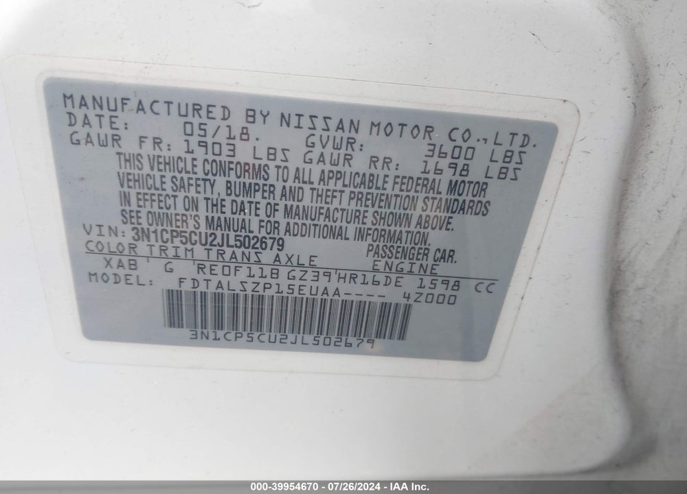 2018 NISSAN KICKS SV VIN: 3N1CP5CU2JL502679