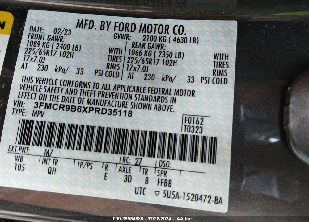 2023 FORD BRONCO SPORT BIG BEND VIN: 3FMCR9B6XPRD35118