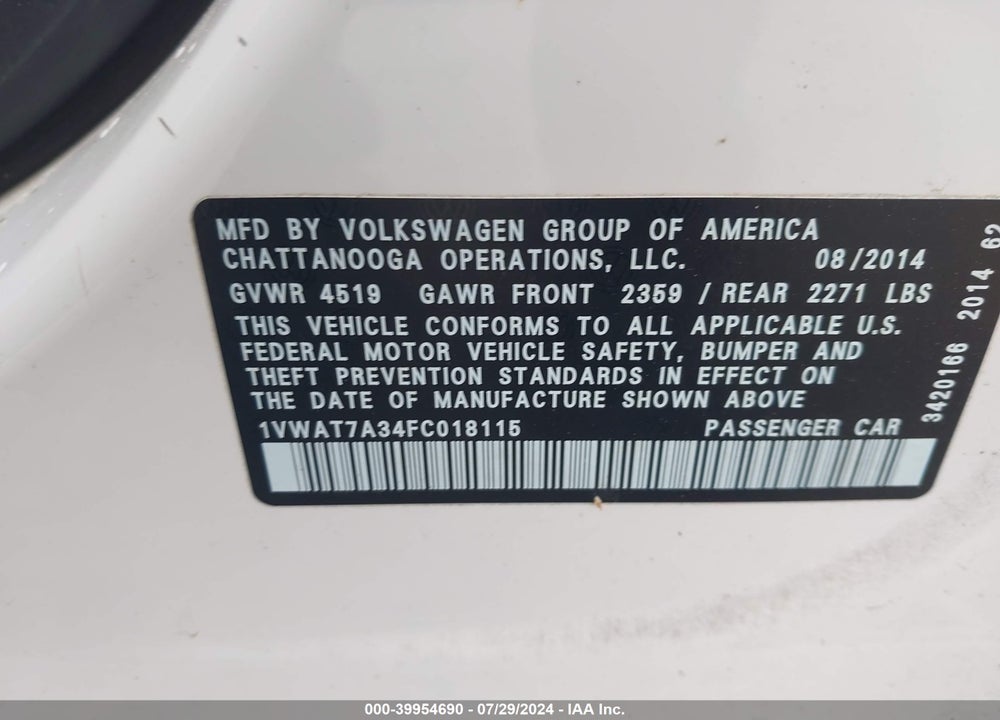 2015 VOLKSWAGEN PASSAT 1.8T WOLFSBURG EDITION VIN: 1VWAT7A34FC018115