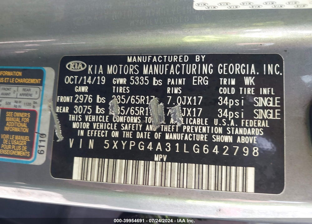 2020 KIA SORENTO 2.4L L VIN: 5XYPG4A31LG642798
