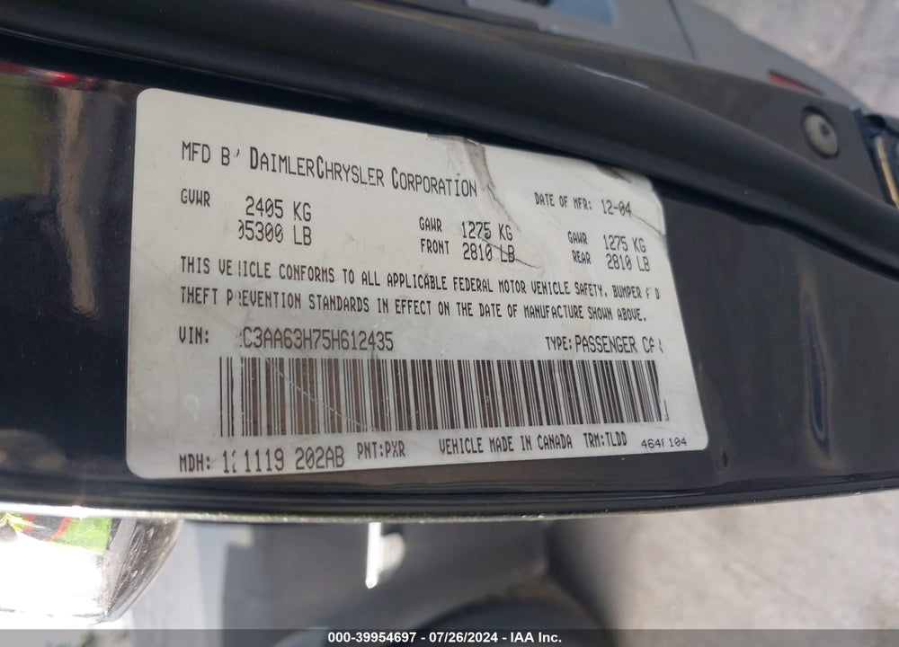 2005 CHRYSLER 300C VIN: 2C3AA63H75H612435