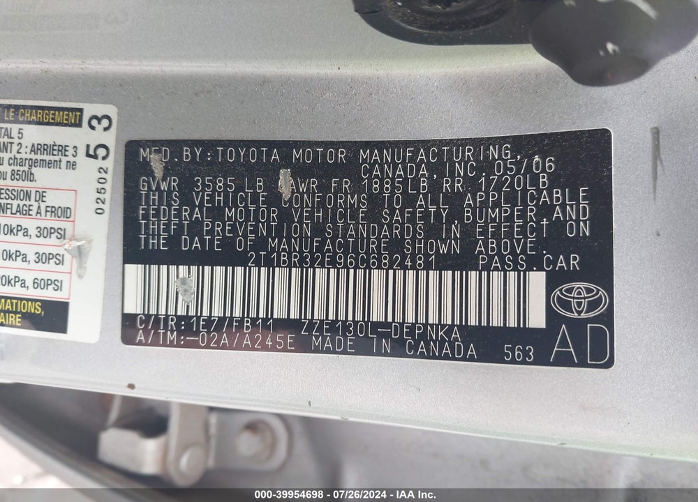 2006 TOYOTA COROLLA CE/LE/S VIN: 2T1BR32E96C682481
