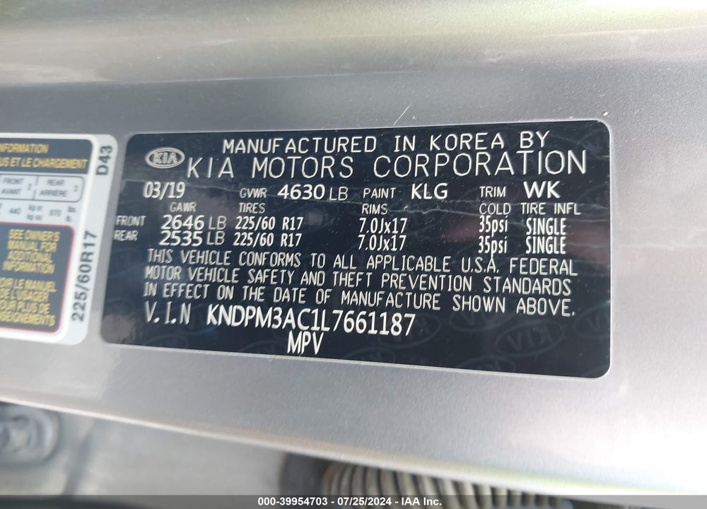 2020 KIA SPORTAGE VIN: KNDPM3AC1L7661187