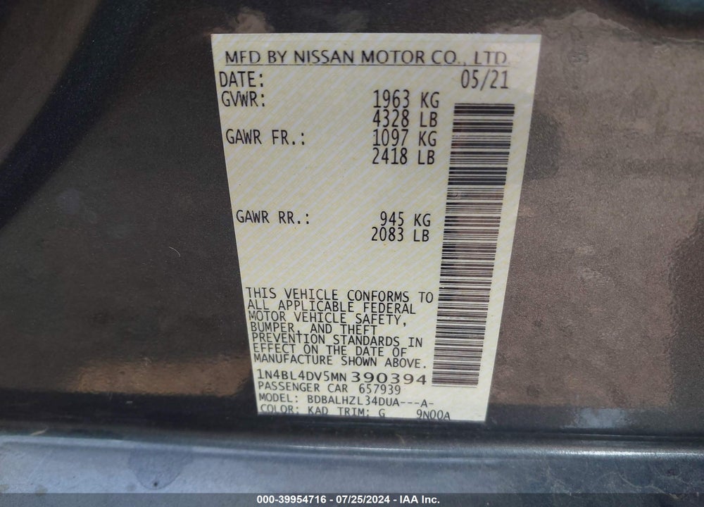 2021 NISSAN ALTIMA SV FWD VIN: 1N4BL4DV5MN390394
