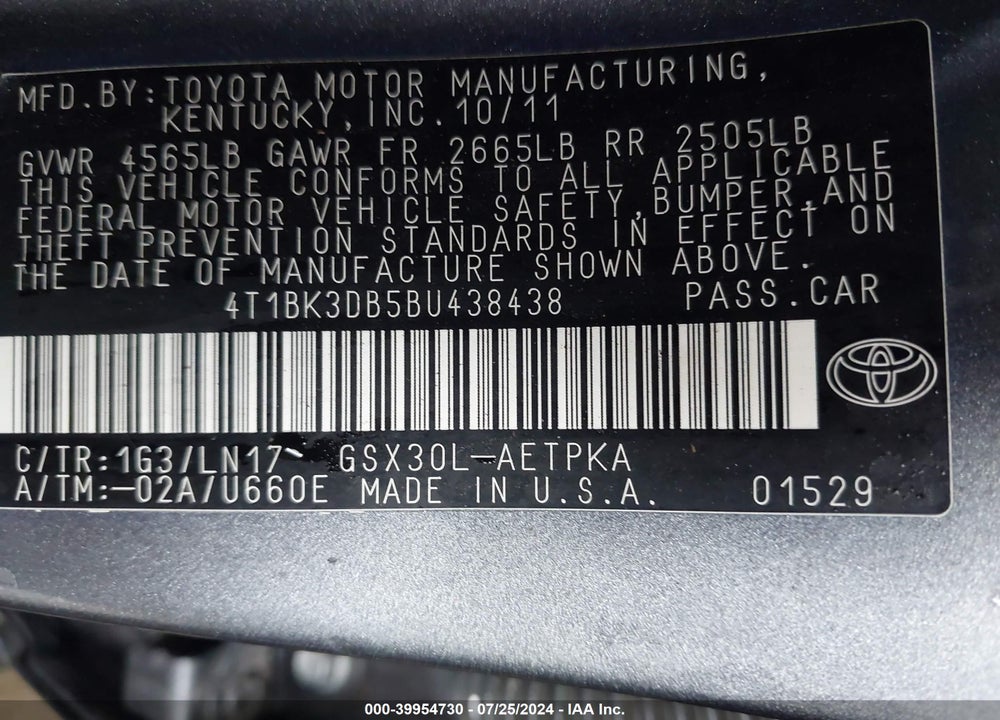 2011 TOYOTA AVALON LIMITED VIN: 4T1BK3DB5BU438438