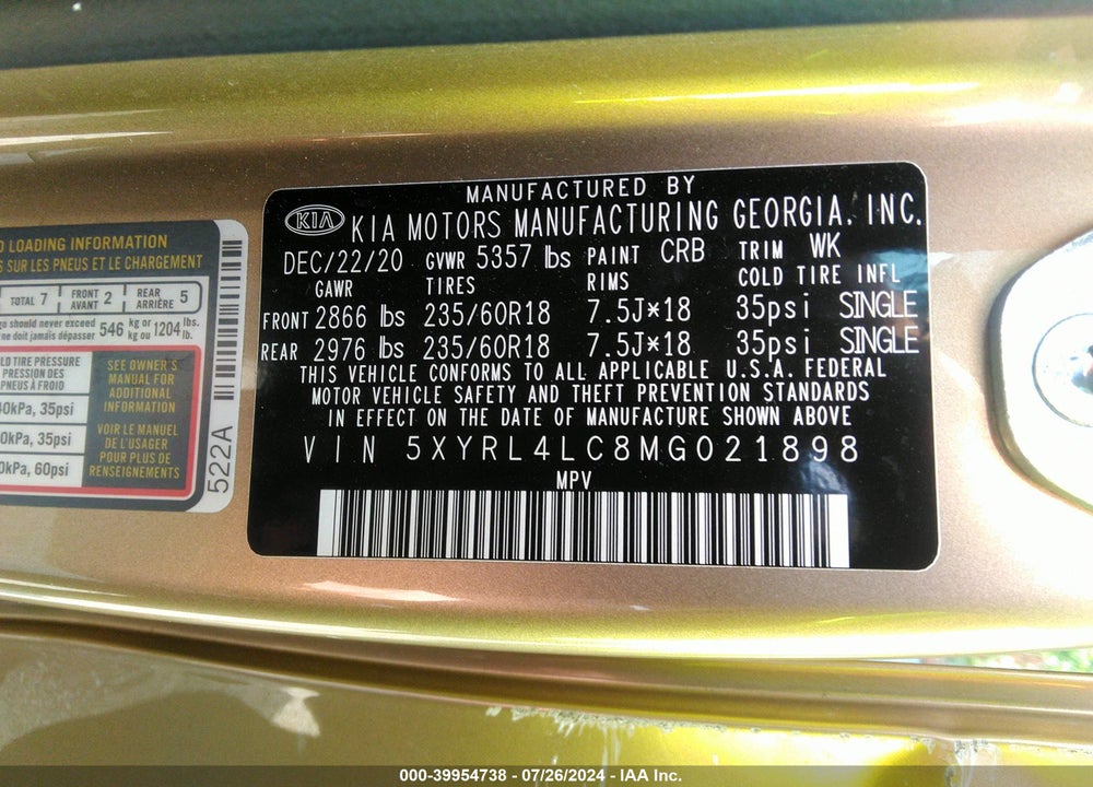 2021 KIA SORENTO S VIN: 5XYRL4LC8MG021898