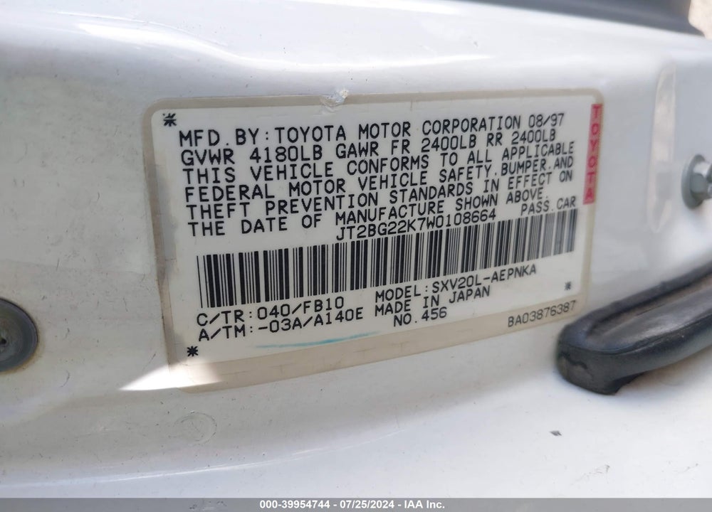 1998 TOYOTA CAMRY CE/LE/XLE VIN: JT2BG22K7W0108664