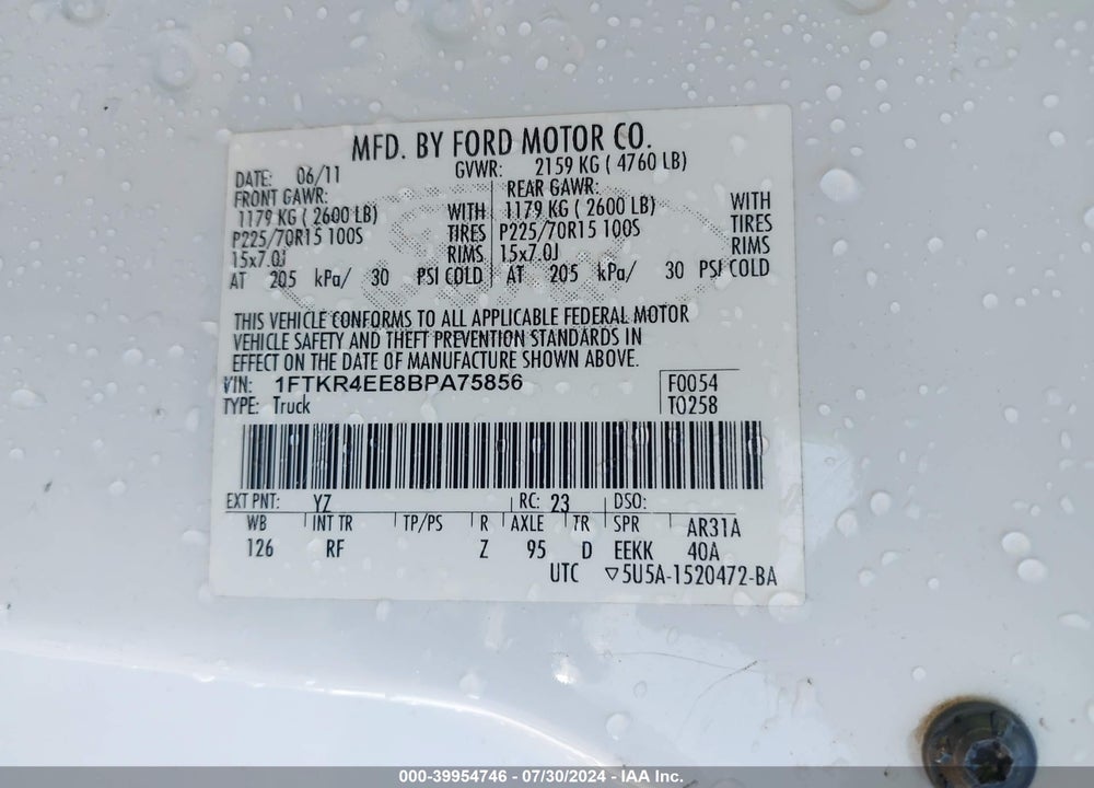 2011 FORD RANGER XLT VIN: 1FTKR4EE8BPA75856