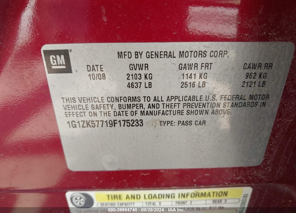 2009 CHEVROLET MALIBU LTZ VIN: 1G1ZK57719F175233