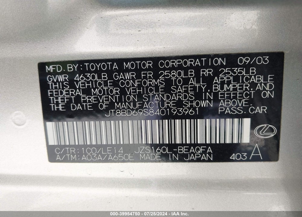 2004 LEXUS GS 300 VIN: JT8BD69S840193961