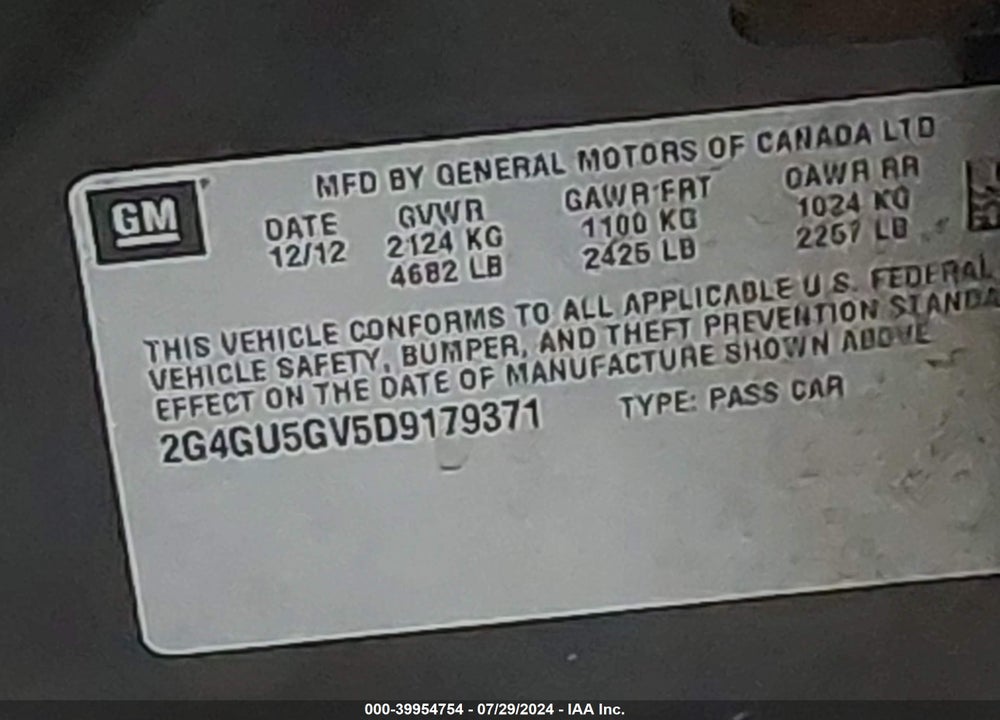 2013 BUICK REGAL TURBO PREMIUM 3 VIN: 2G4GU5GV5D9179371
