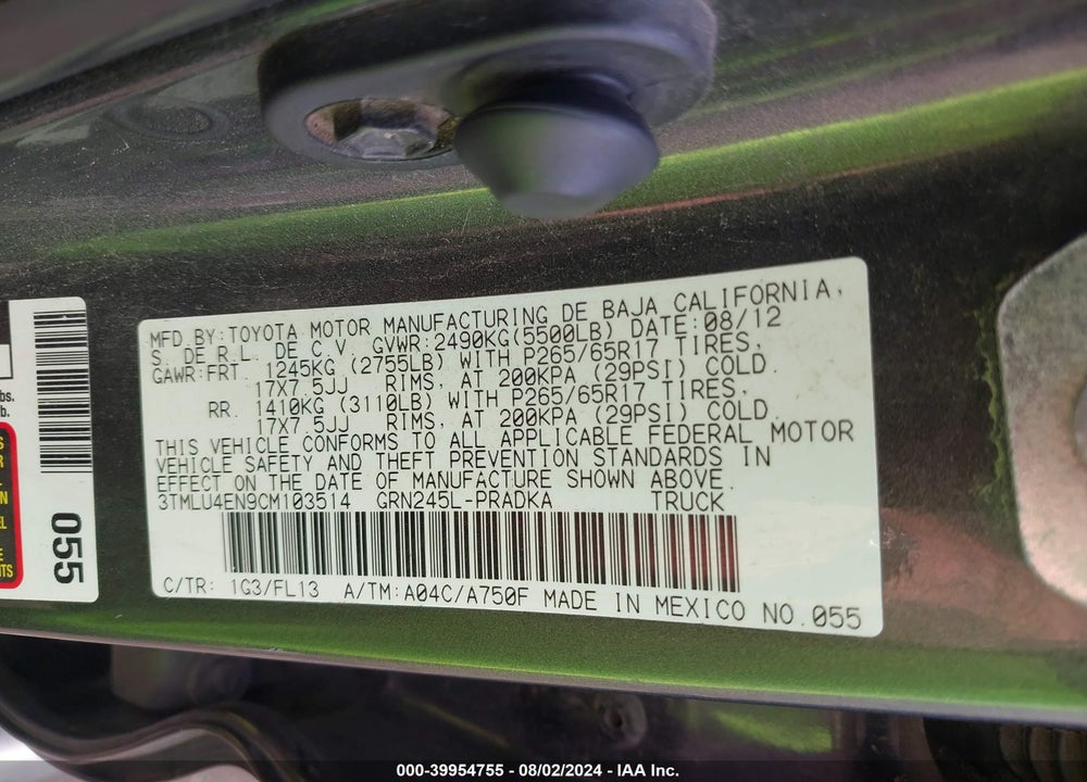 2012 TOYOTA TACOMA BASE V6 VIN: 3TMLU4EN9CM103514