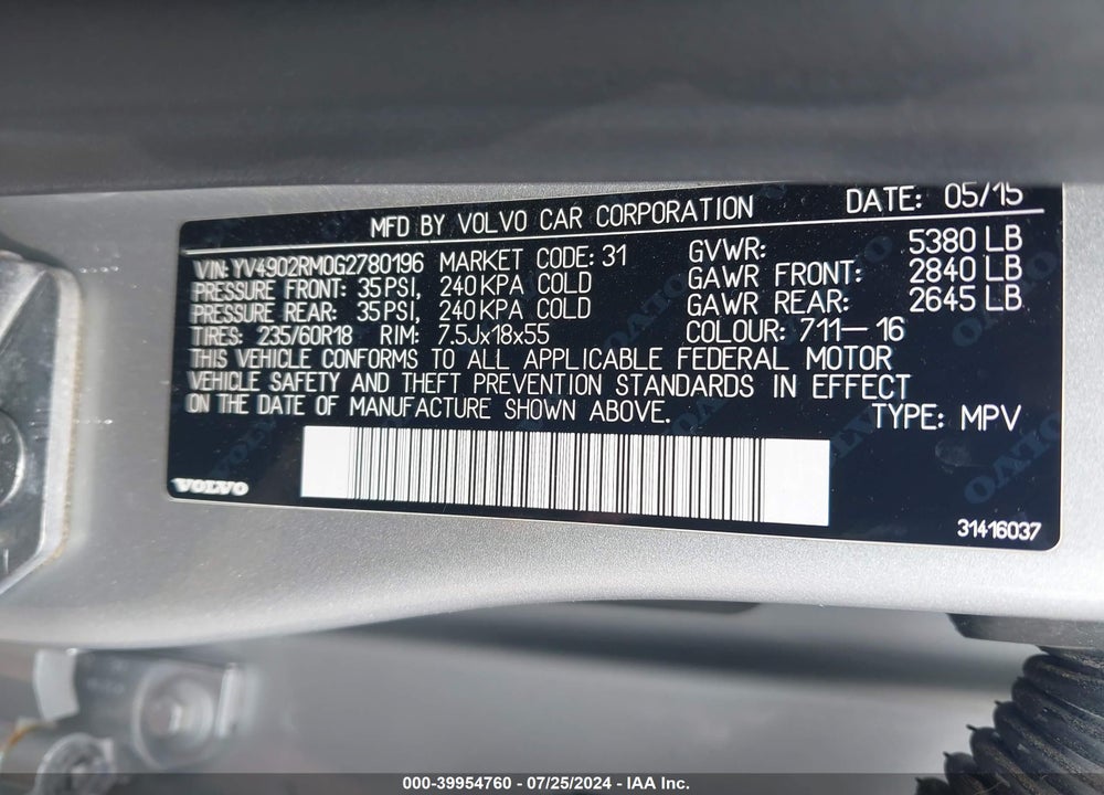 2016 VOLVO XC60 T6 PLATINUM VIN: YV4902RM0G2780196