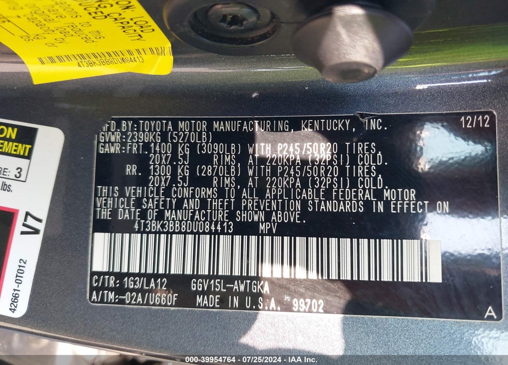 2013 TOYOTA VENZA XLE V6 VIN: 4T3BK3BB8DU084413