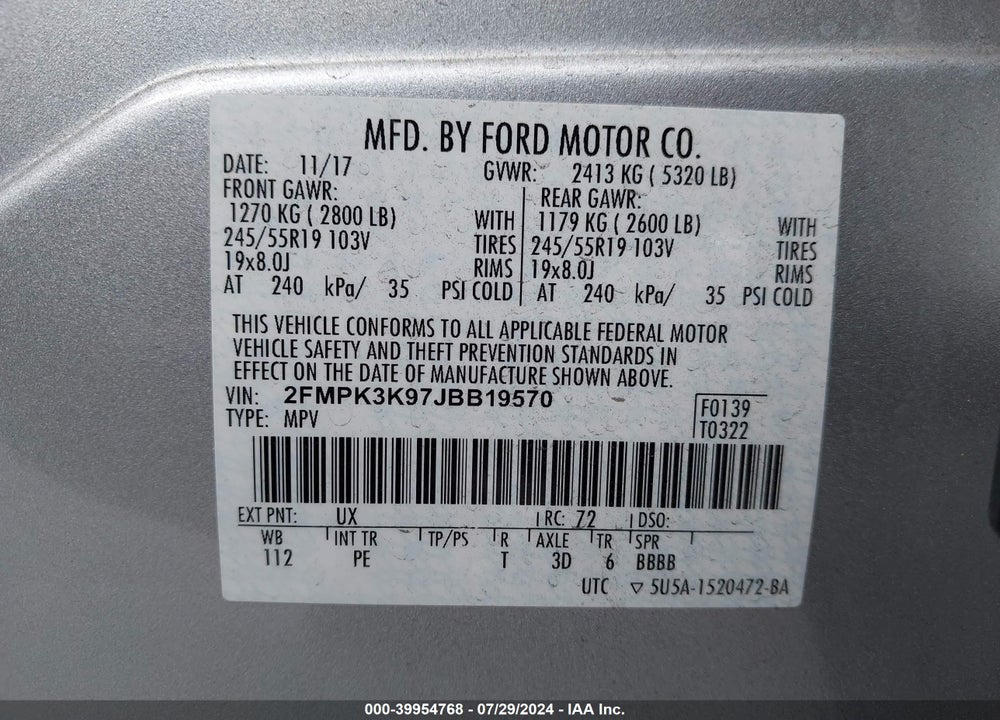 2018 FORD EDGE TITANIUM VIN: 2FMPK3K97JBB19570