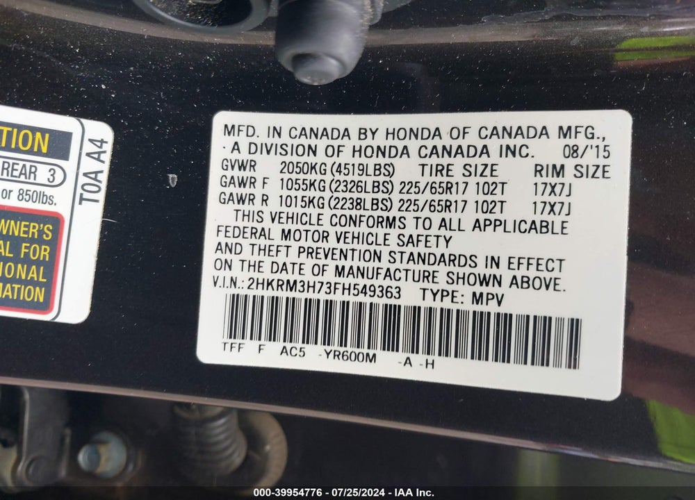 2015 HONDA CR-V EX-L VIN: 2HKRM3H73FH549363