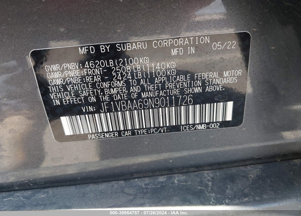 2022 SUBARU WRX VIN: JF1VBAA69N9011726