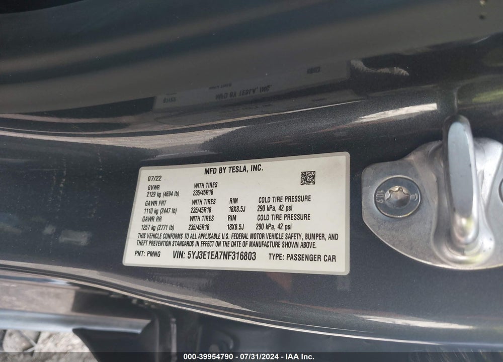 2022 TESLA MODEL 3 REAR-WHEEL DRIVE VIN: 5YJ3E1EA7NF316803