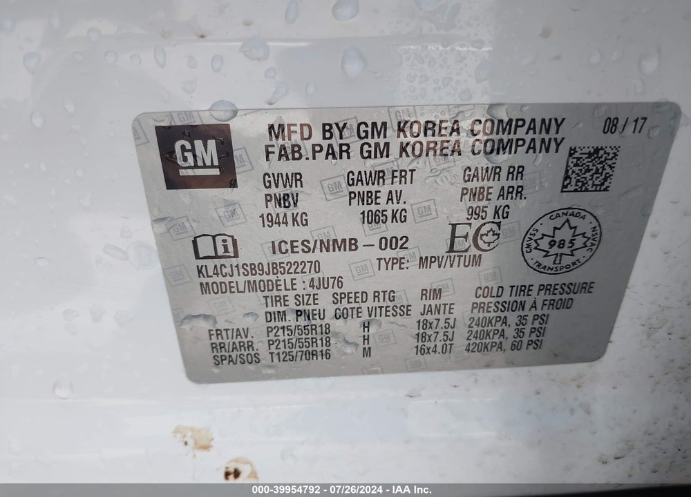 2018 BUICK ENCORE SPORT TOURING VIN: KL4CJ1SB9JB522270